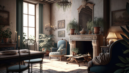 Mediterranean style living room interior design illustration created using generative AI.