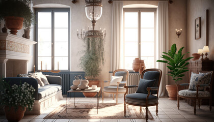 Mediterranean style living room interior design illustration created using generative AI.
