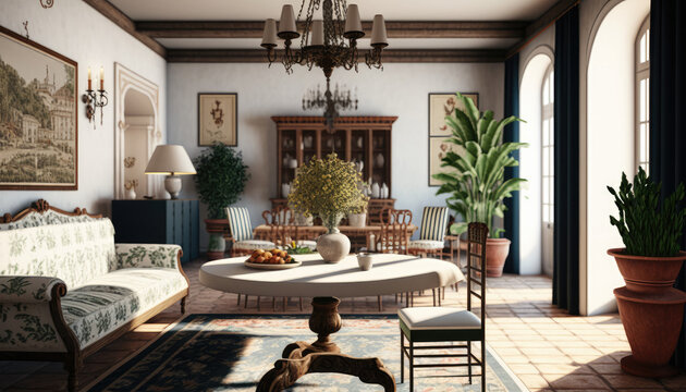 Mediterranean style living room interior design illustration created using generative AI.