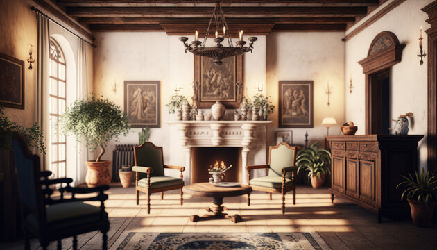 Mediterranean style living room interior design illustration created using generative AI.