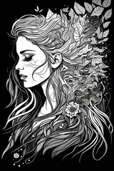 Beautiful girl profile, closed eyes, with floral decorations and leaves