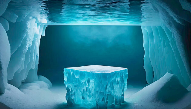 Pedestal podium underwater. Underwater scene with empty stone for product display. Ice cave for winter theme mockup