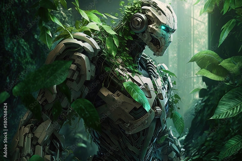 Poster robotic revolution: hyper-realistic futuristic greenery in its splendor generative ai