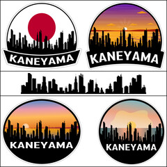 Kaneyama Skyline Silhouette Japan Flag Travel Souvenir Sticker Sunset Background Vector Illustration SVG EPS AI