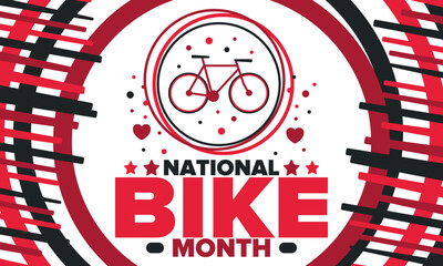 National Bike Month. Celebrated annual in May in United States. Bicycle concept. Healthy and active lifestyle. Sports or hobby. Poster, card, banner and background. Vector illustration