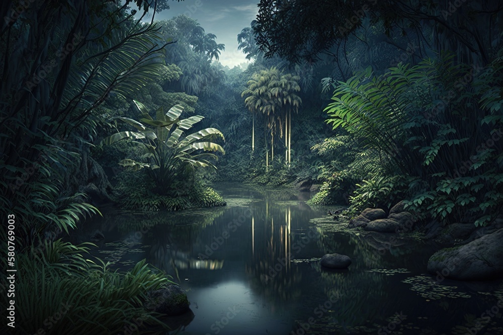 Poster the enigmatic illumination of an ancient amazon jungle generative ai