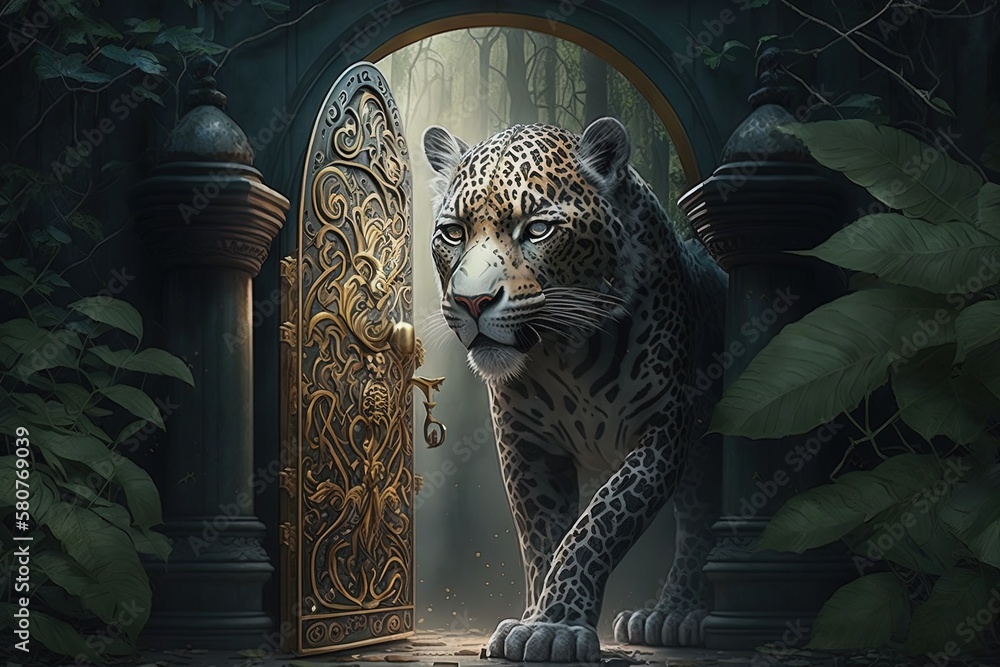 Poster the guardian at the gate: an unforgettable encounter with a fantasy jaguar generative ai