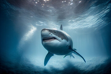 Great White Shark in the blue ocean. Underwater photography. Predator hunting near water surface - generative ai