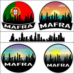 Mafra Skyline Silhouette Portugal Flag Travel Souvenir Sticker Sunset Background Vector Illustration SVG EPS AI