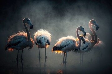 Some Greater Flamingo (Phoenicopterus roseus) walk on fog swamp  mist background,generative ai.