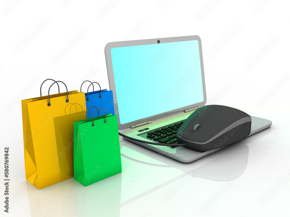Poster 3d rendering e-shopping concept, shopping bag with computer mouse