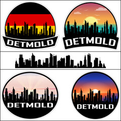 Detmold Skyline Silhouette Germany Flag Travel Souvenir Sticker Sunset Background Vector Illustration SVG EPS AI