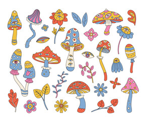 Set of retro 70's psychedelic hippie mushrooms and flowers. Funky groovy fungus. Vintage nostalgia vector collection.