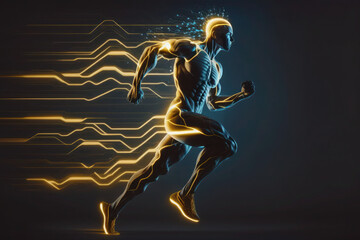 Obraz premium The man runs in motion. Human Brain and Body. Glowing Blue Lines. Neural Connections. Artificial Intelligence, Cyberspace. AI Generative