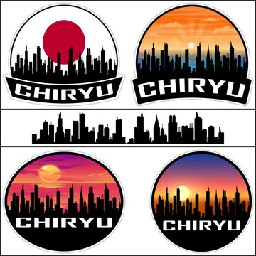 Chiryu Skyline Silhouette Japan Flag Travel Souvenir Sticker Sunset Background Vector Illustration SVG EPS AI