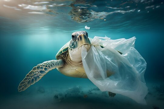 Turtle Eat Plastic Bag. Environmental Problem, Plastic Pollution In Ocean, Generative AI