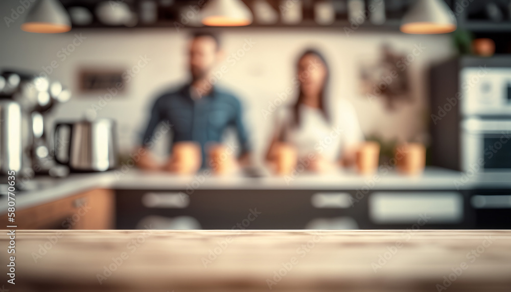 Poster an empty kitchen counter worktop for product display. blurred people in the background. generative a