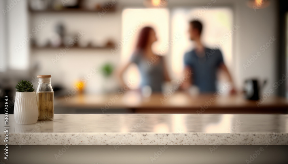 Poster an empty kitchen counter worktop for product display. blurred people in the background. generative a