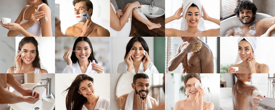 Cheerful millennial diverse people apply cream, oil, shave, enjoy spa treatments and bath at home alone, collage