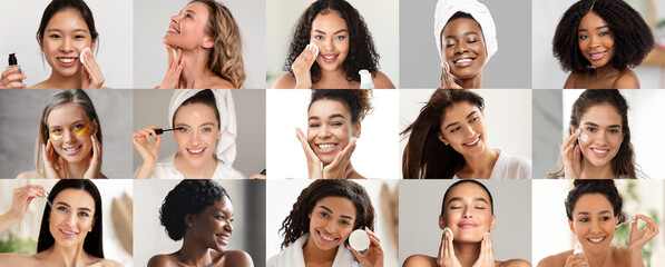 Glad young and middle aged multiracial women enjoy anti aging routine procedures, clean skin with cosmetics