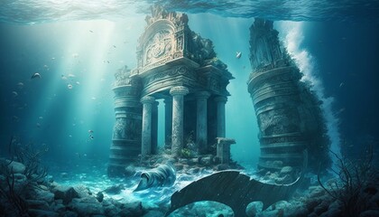 Underwater scene with ancient ruins and sea creatures. Generative AI