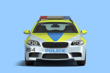 modern police car front view 3d remdr on blue background