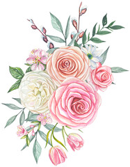 Spring watercolor bouquet, compositions with flowers