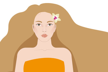 Portrait of a very beautiful girl with long blonde hair, freckles with a yellow orchid in her hair. The image of a spring girl or a summer girl. Flat vector illustration