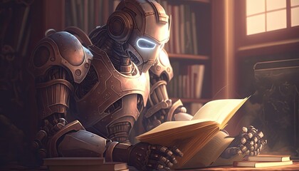AI Robot reading a book - Generative AI