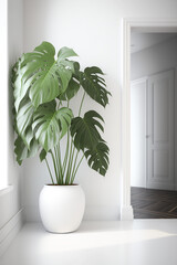 Monstera in big white flower pot in modern light interior. AI generated image