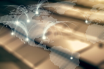 Double exposure of abstract digital world map hologram with connections on blurry metal background, research and strategy concept