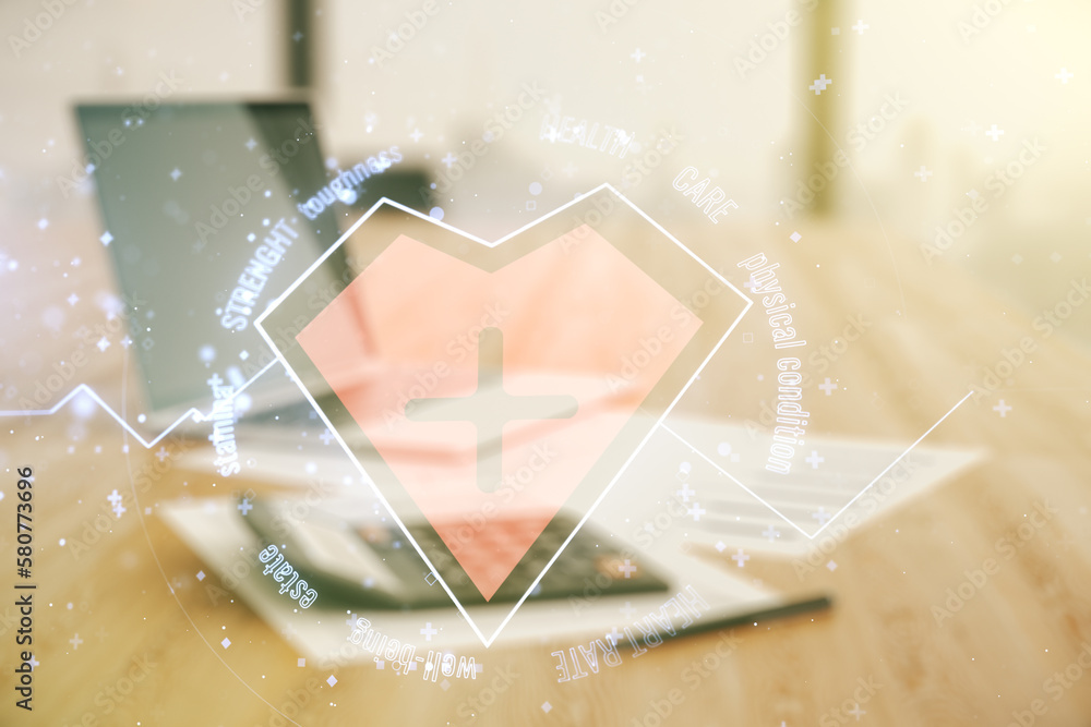 Poster Abstract virtual heart pulse hologram on blurry calculator and computer background, online medical consulting concept. Multiexposure