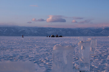 Frozen Lake Baikal in winter in February, Russia