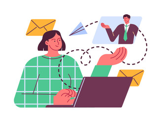 Woman works remotely with a laptop and interacts online with an employee