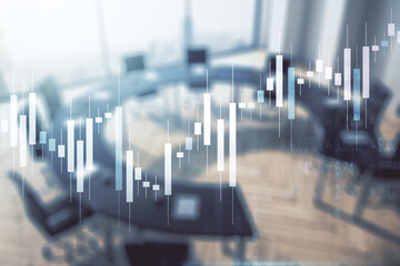 Multi exposure of abstract virtual financial graph hologram on a modern conference room background, forex and investment concept