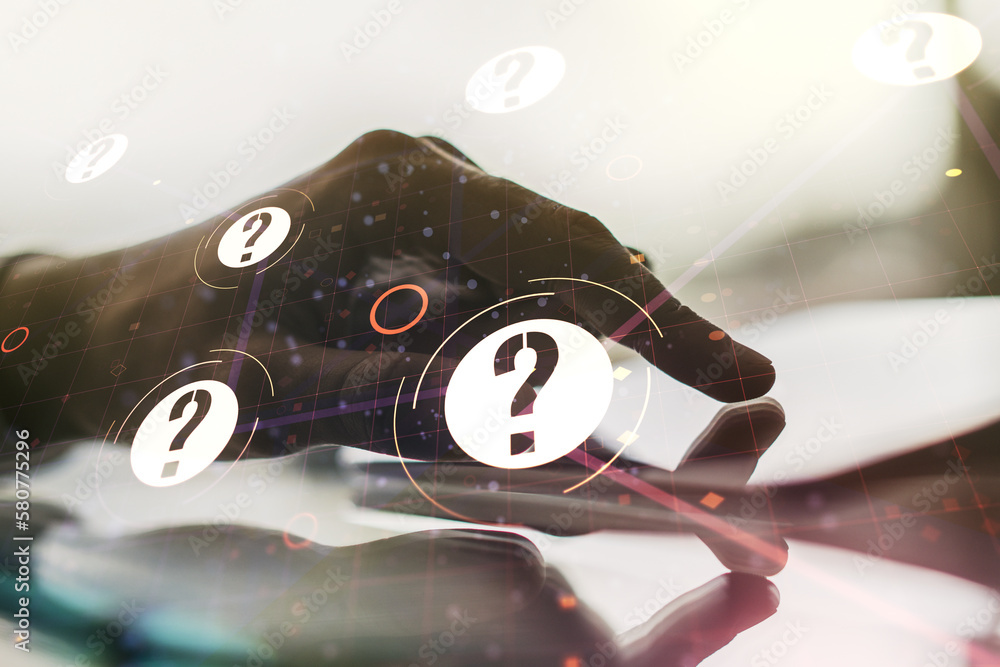 Poster creative abstract question mark sketch and hand working with a digital tablet on background, faq and