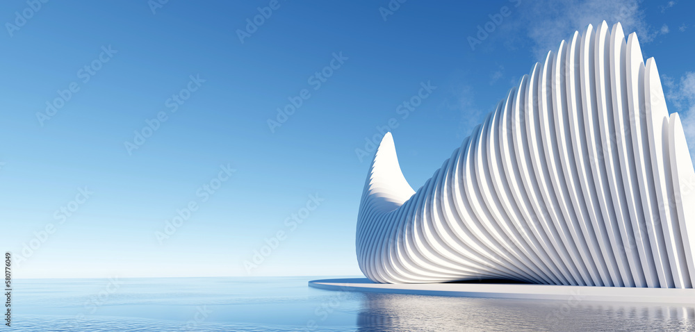 Sticker 3d render surreal white minimal architecture background with geometric shapes, abstract fantastic de