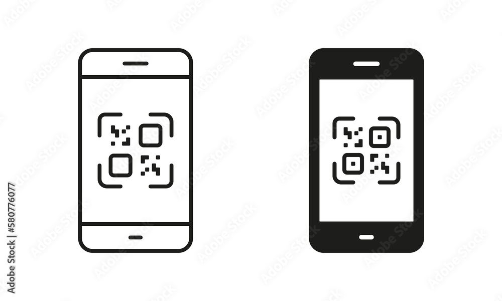 Poster scan qr code on smartphone line and silhouette icon set. payment scanner in mobile phone pictogram. 