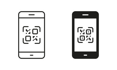 Scan QR Code on Smartphone Line and Silhouette Icon Set. Payment Scanner in Mobile Phone Pictogram. Square Barcode App for Pay Symbol Collection on White Background. Isolated Vector Illustration
