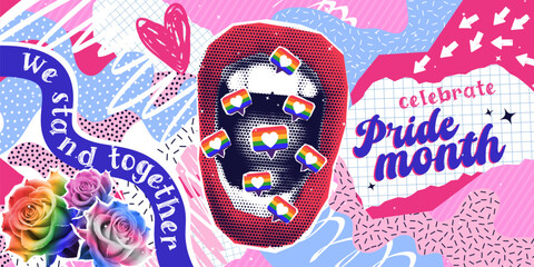 Pride month, halftone collage in contemporary punk grunge style. Concept of lgbt, pride, love, human rights, equality, diversity. Modern vector poster with dotted mouth, roses in colors of flags