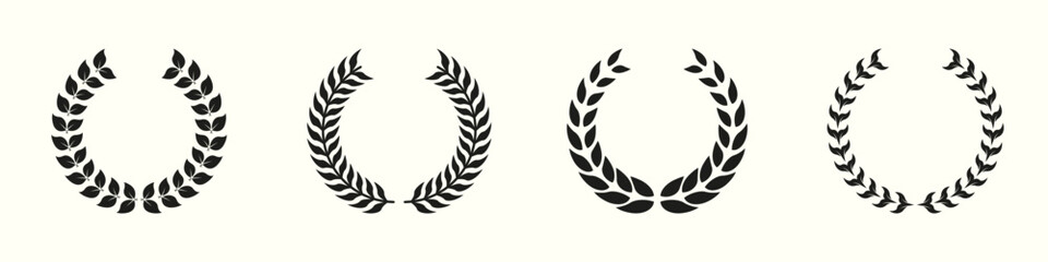 Laurel Wreath Silhouette Icon Set. Vintage Olive Leaves Symbol. Champion's Trophy. Circle Leaf Award for Winner Glyph Pictogram. Victory and Prize Sign. Triumph Emblem. Isolated Vector Illustration