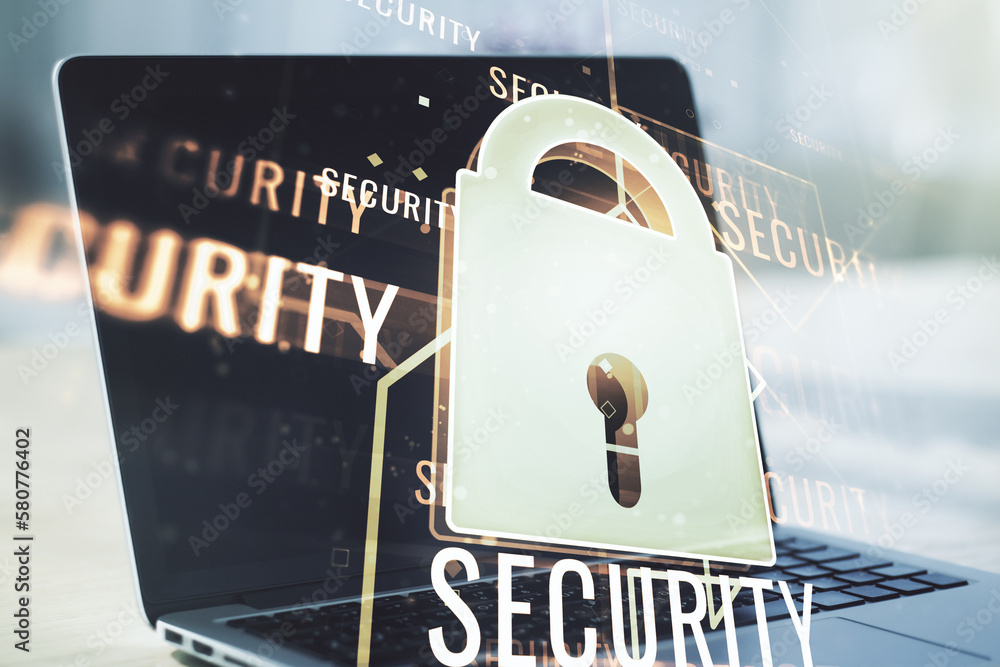 Poster creative light lock illustration with microcircuit on modern computer background, cyber security con