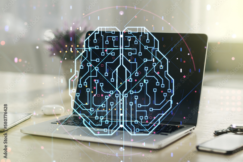 Aufkleber double exposure of creative human brain microcircuit with computer on background. future technology 