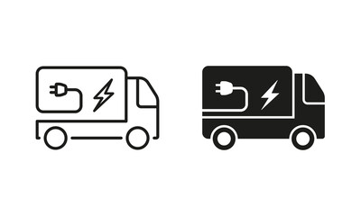 Vehicle Transport with Eco Green Electricity Power Line and Silhouette Icon Set. Electric Van Pictogram. Ecology Energy Truck Symbol Collection on White Background. Isolated Vector Illustration
