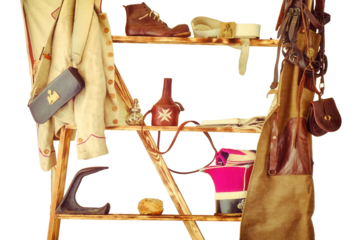 Military equipment of the Russian Empire, isolated on a white background. Retro things and clothing soldier - shoes, clothing, bag, flask.