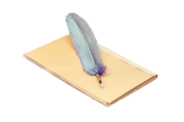 Table with vintage writing utensils, isolated on a white background. Books, paper and feather for writing in ink.