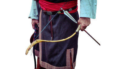 Archer Buryat tribe stands with a bow in his hand, isolated on a white background. Reconstruction...
