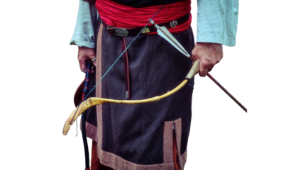 Archer Buryat tribe stands with a bow in his hand, isolated on a white background. Reconstruction of the life of the nomadic peoples of Russia. Weapons for hunting and war Buryat tribes.
