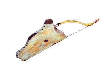 Quiver with bow hanging on a temporary dwelling of the nomadic tribe, isolated on a white...