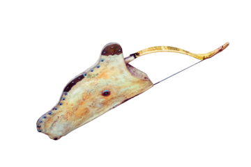 Quiver with bow hanging on a temporary dwelling of the nomadic tribe, isolated on a white background. Nomad weapons for hunting and war. Yurt hunters indigenous peoples of the North.